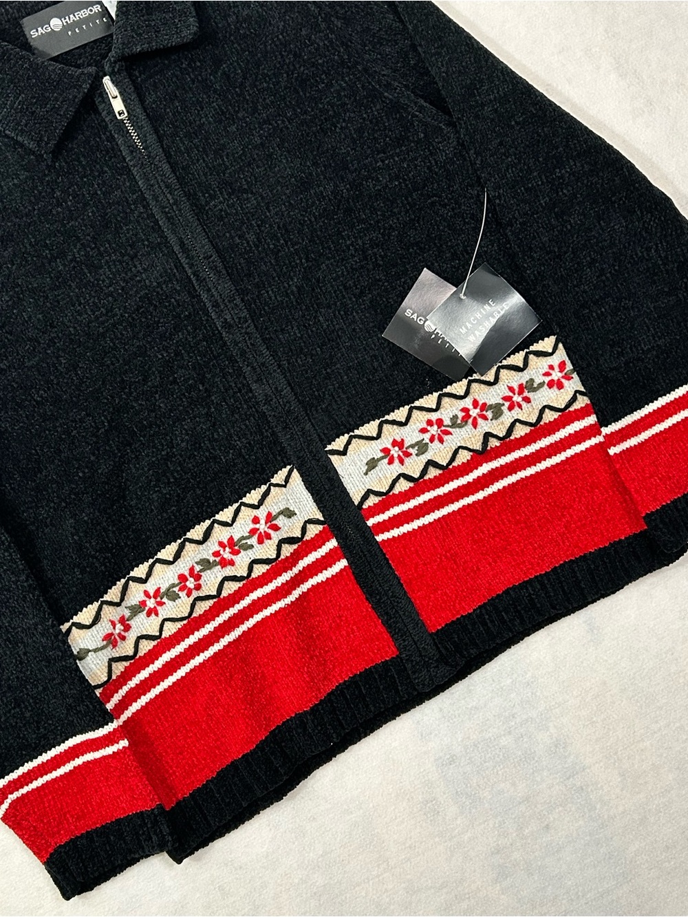 Sag Harbor Cardigan Y2K Retro Soft Black Red Full Zip Chenille Coastal Grandma - Picture 3 of 9